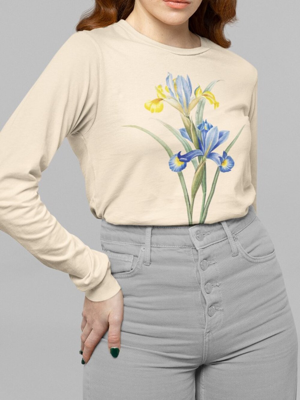 Spanish Iris Vintage Floral Print Long Sleeve Graphic Tee T-shirt S-XXL